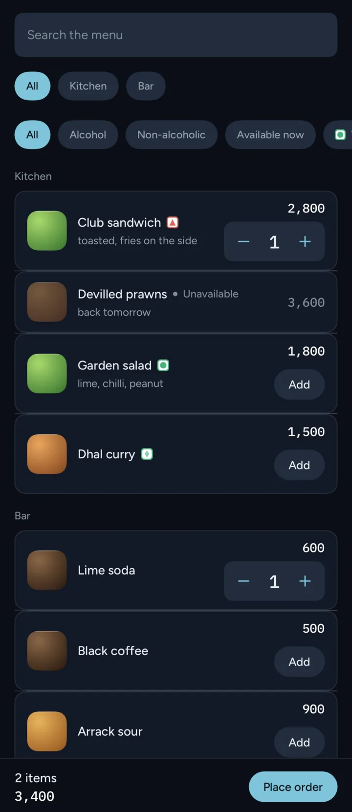 Menu: kitchen and bar items with prices and add-to-order