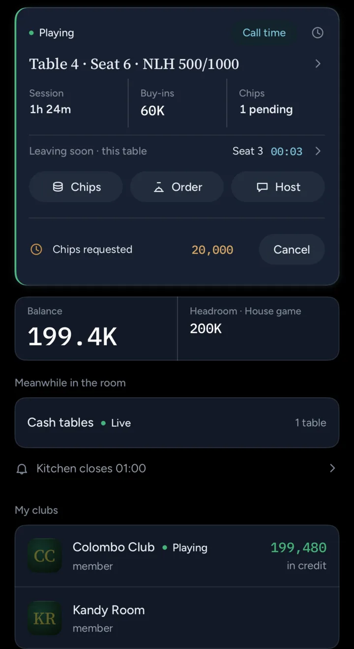 Home while playing: table, seat, session clock, buy-ins and balance